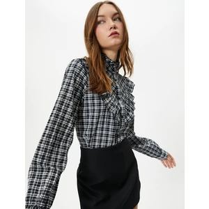 Fırfırlı Gömlek Uzun Kollu Dik Yaka Pamuk Karışımlı