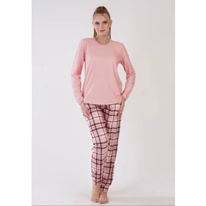 Bayan Microsoft Polyester Pudra Kareli - Uzun Kollu Pijama Takımı