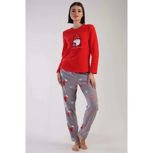 Bayan Polar Yeni Yıl Kırmızı Gri - Uzun Kollu Pijama Takımı