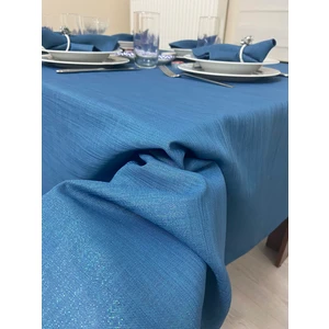Zeren Home Simli Polyester Keten Dertsiz Masa Örtüsü Indigo Mavi