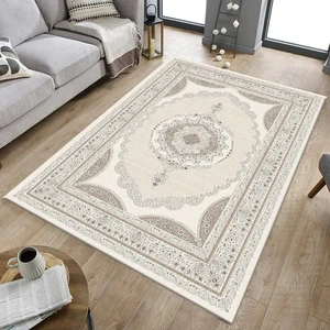 Armolin Halı Nakiş Desenli Bej Kadife Lastikli Halı Örtüsü (Süngersiz) SZZ-891