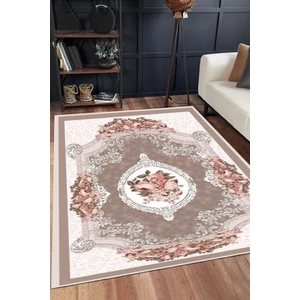 Armolin Halı Kahverengi Çiçekli Desen Lastikli Halı Örtüsü (Süngersiz) SZZ-741