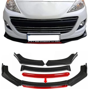 Peugeot 307 Kırmızı Renkli Şeritli Dilli Ön Lip 4 Prç Parlak Siyah Abs