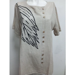 Akşen Giyim Büyük Beden Pamuk Keten Yıkamalı Otantik Yaprak Baskılı  Ahşap Düğme Detaylı Kısa Kol Bluz