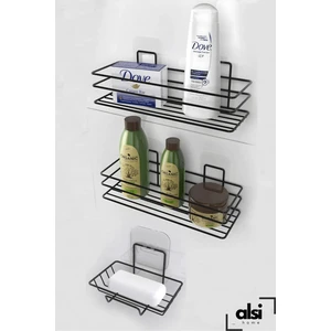 Alsi Home 3'lü Banyo Seti Yapışkanlı Paslanmaz Banyo Sabunluk Duşakabin Rafı Şampuanlık Banyo Düzenleyici Set