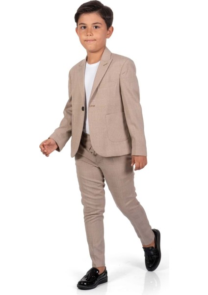 Ekose Desen Spor Erkek Çocuk Ceket, Tişört , Jogger Pantolonlu Takım MNK0549