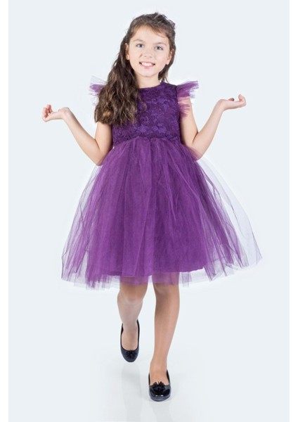 Roza Dantel Tütü Kız Çocuk Abiye Elbise MNK0546 - Mürdüm - 5 Yaş