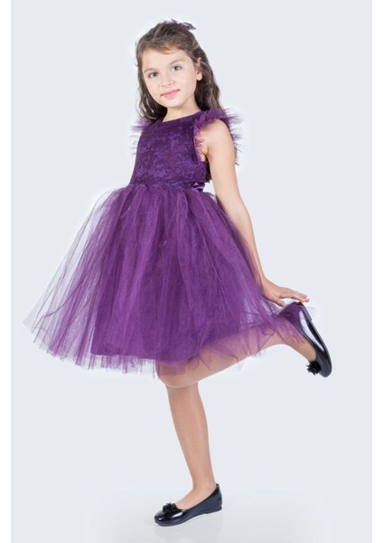 Roza Dantel Tütü Kız Çocuk Abiye Elbise MNK0546 - Mürdüm - 5 Yaş fiyatları