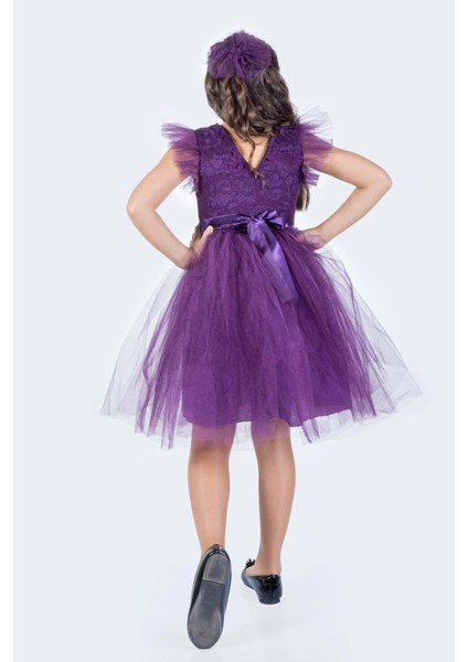 Roza Dantel Tütü Kız Çocuk Abiye Elbise MNK0546 - Mürdüm - 5 Yaş modelleri