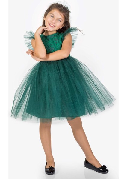 Roza Dantel Tütü Kız Çocuk Abiye Elbise MNK0546 - Yeşil - 5 Yaş