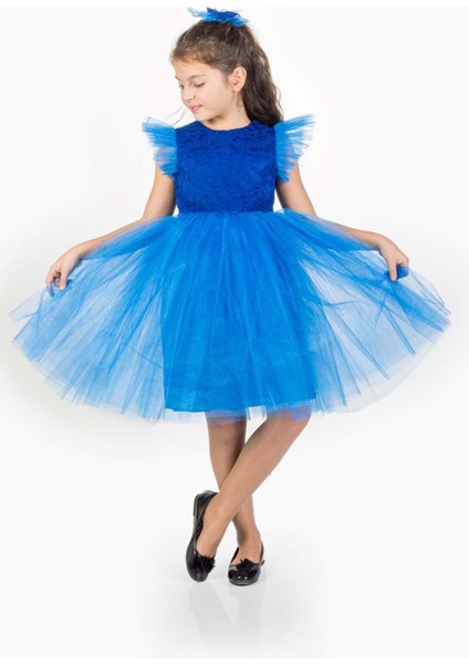 Roza Dantel Tütü Kız Çocuk Abiye Elbise MNK0546 - Saks Mavi - 5 Yaş