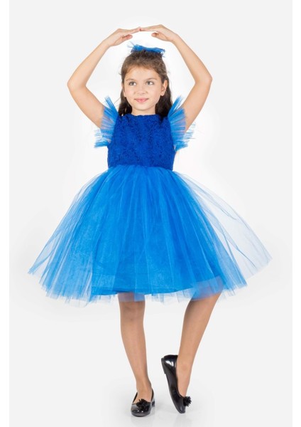 Roza Dantel Tütü Kız Çocuk Abiye Elbise MNK0546 - Saks Mavi - 5 Yaş modelleri