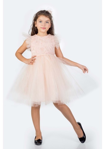 Roza Dantel Tütü Kız Çocuk Abiye Elbise MNK0546 - Somon - 4 Yaş fiyatları