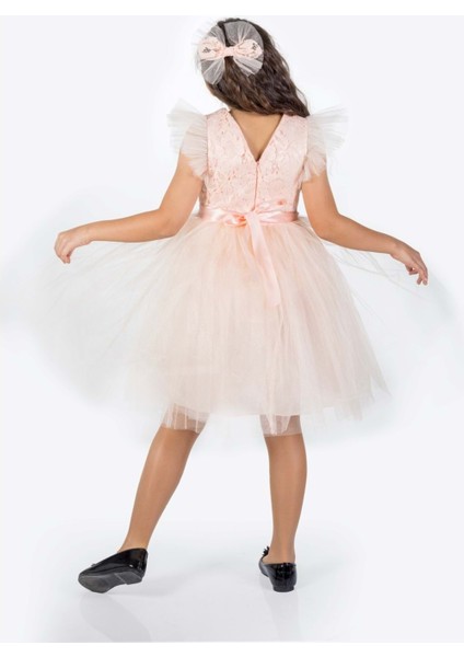 Roza Dantel Tütü Kız Çocuk Abiye Elbise MNK0546 - Somon - 4 Yaş fırsatları