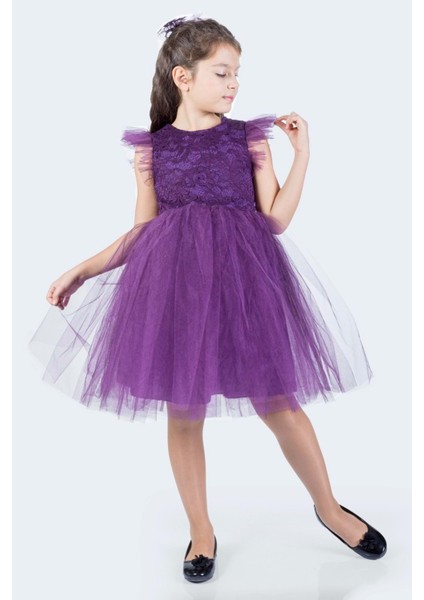 Roza Dantel Tütü Kız Çocuk Abiye Elbise MNK0546 - Mürdüm - 5 Yaş fırsatları