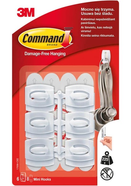 ™ Command™ 17006-CEE Mini Boy Beyaz Askı, Max 225 gr (6 Askı + 8 Küçük Boy Cırt Bant)