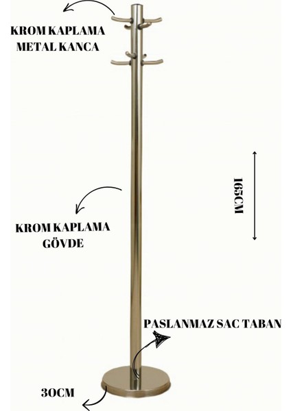 Krom Sosis Askılık, Paslanmaz Metal Ayaklı Askılık, Modern Tasarım Krom Çelik Portmanto Askılık