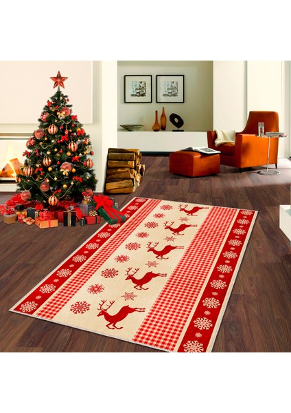 Pamuklu Dokuma ve Kaymaz Taban, Şönil, Ince, Yıkanabilir, Dekoratif Modern Yılbaşı Desenli Halı modelleri