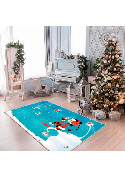 Pamuklu Dokuma ve Kaymaz Taban, Şönil, Ince, Yıkanabilir, Dekoratif Modern Yılbaşı Desenli Halı