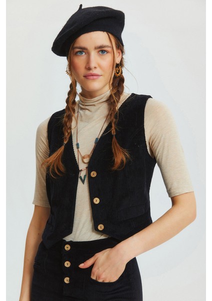 Bohem Tarz V Yaka Klasik Kesim Kadın Yelek Siyah