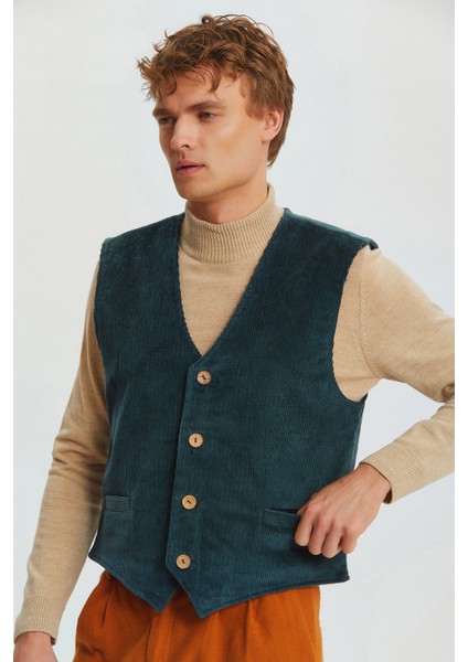 Kadife Klasik Kesim Bohem Erkek Yelek Petrol modelleri
