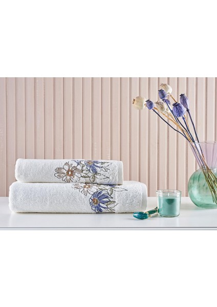 2'li Havlu Set Micro Flora Kırıkbeyaz