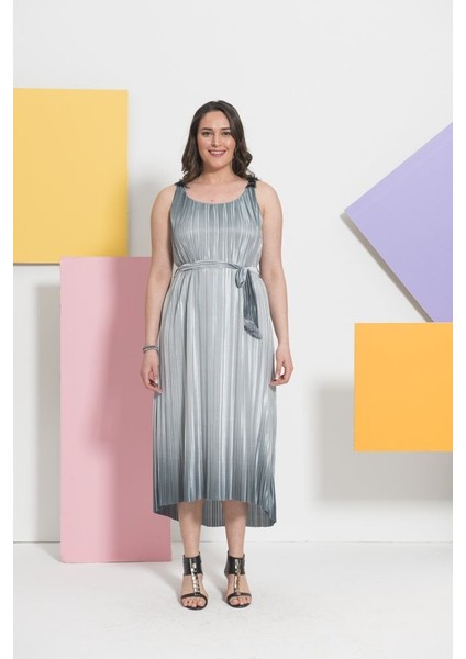 Even Plus Size Gri Parlak Pliseli Büyük Beden Elbise 44 Beden