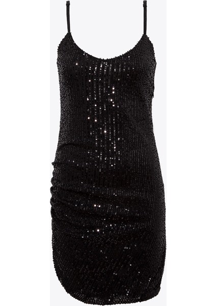 Drape Detaylı Askılı Pullu Mini Elbise - Siyah