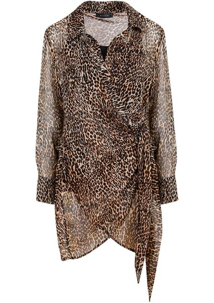 Leopar Desenli Bağlama Detaylı Şifon Elbise - Leopar