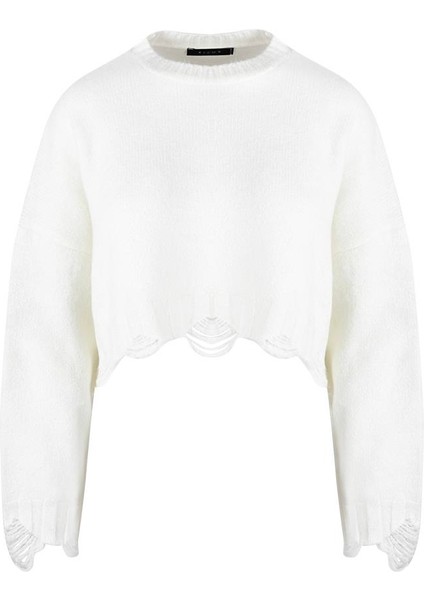 Yırtık Detaylı Oversize Crop Triko Ekru