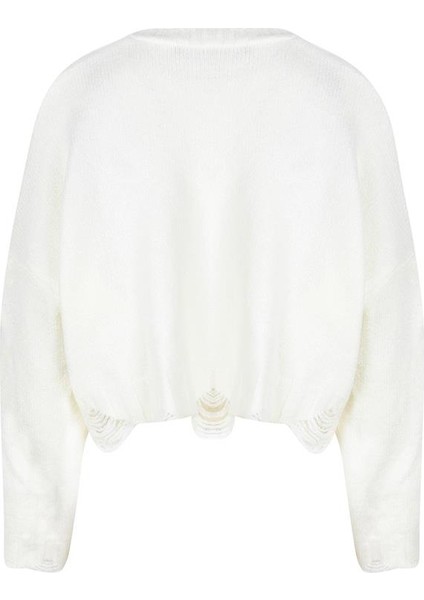 Yırtık Detaylı Oversize Crop Triko Ekru