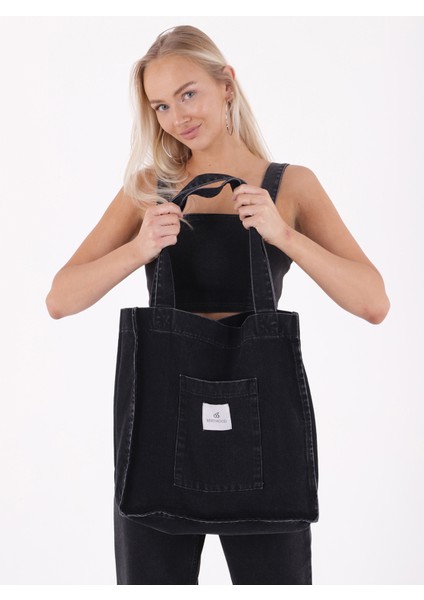 Koyu Antrasit Cepli Kare Kot Bez Kol & Omuz Çantası Tote Bag Kanvas Günlük Jean Model Yazlık 35X35