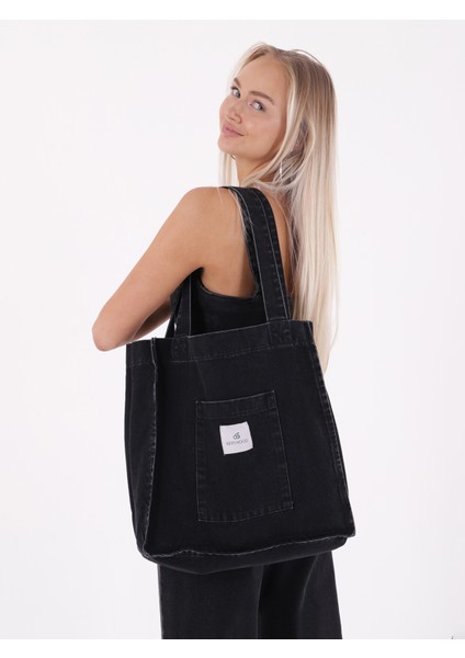 Koyu Antrasit Cepli Kare Kot Bez Kol & Omuz Çantası Tote Bag Kanvas Günlük Jean Model Yazlık 35X35 fiyatları