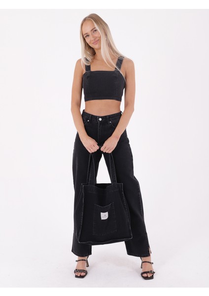Koyu Antrasit Cepli Kare Kot Bez Kol & Omuz Çantası Tote Bag Kanvas Günlük Jean Model Yazlık 35X35 modelleri