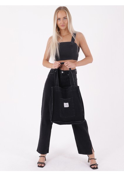 Koyu Antrasit Cepli Kare Kot Bez Kol & Omuz Çantası Tote Bag Kanvas Günlük Jean Model Yazlık 35X35 indirimleri