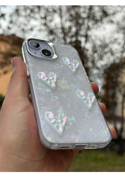 iPhone 14 Kılıf Hologramlı Renkli Kalp Kurdele 3D Kabartmalı Ayıcık Kabartmalı Emoji Kristal Şeffaf