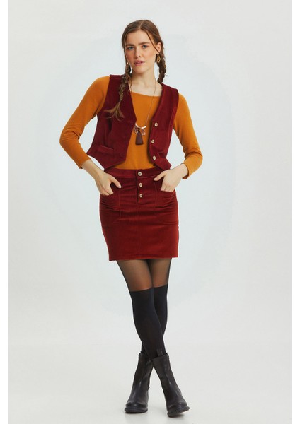 Bohem Fitilli Kadife Mini Etek Bordo modelleri