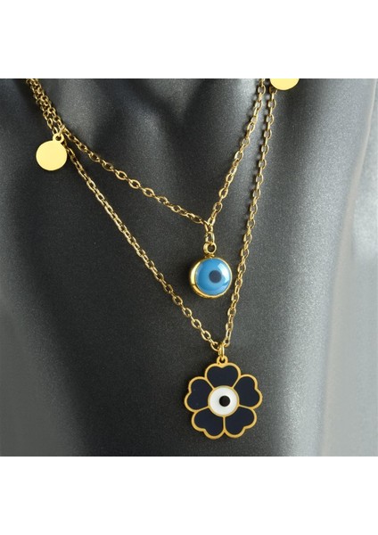 Çelik Gold Kaplama Nazar Deyatlı 2'li Sıra Kolye