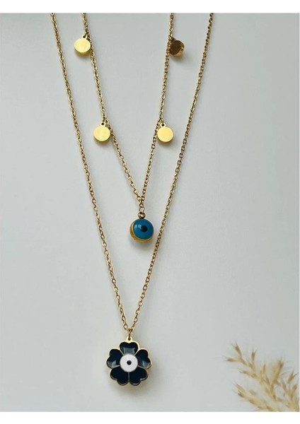 Çelik Gold Kaplama Nazar Deyatlı 2'li Sıra Kolye modelleri