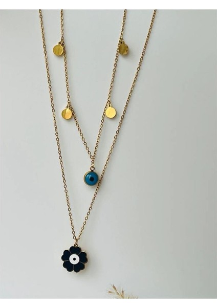 Çelik Gold Kaplama Nazar Deyatlı 2'li Sıra Kolye fırsatları