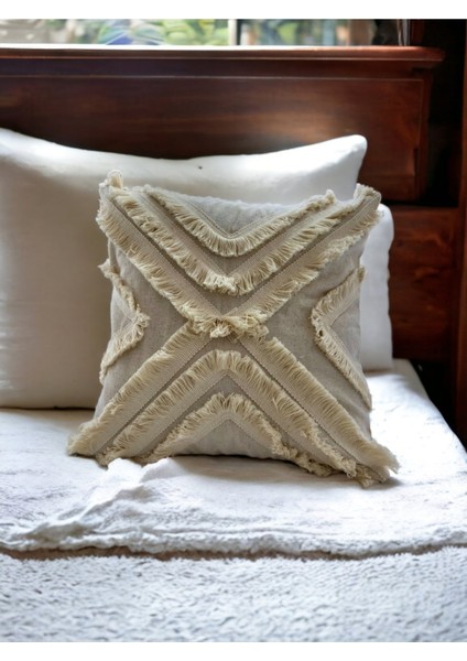 Ham Keten Çoklu Püsküllü Kare Kırlent Kırlent Kılıfı 43X43