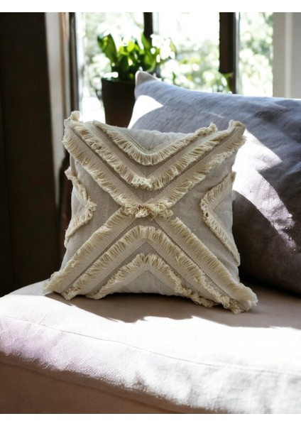 Ham Keten Çoklu Püsküllü Kare Kırlent Kırlent Kılıfı 43X43 fiyatları