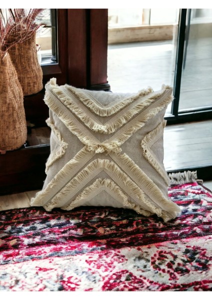 Ham Keten Çoklu Püsküllü Kare Kırlent Kırlent Kılıfı 43X43 modelleri