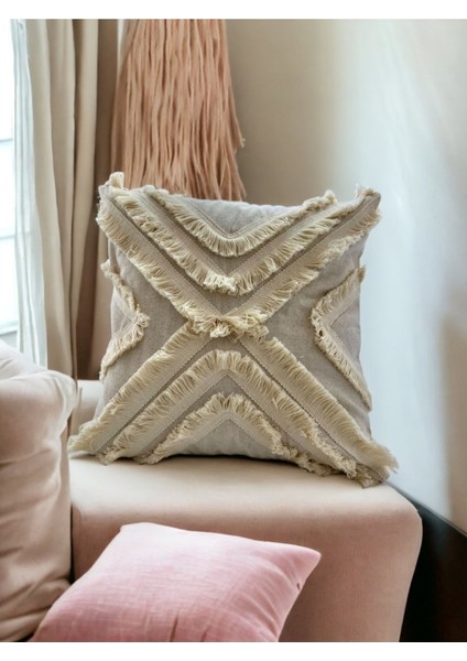 Ham Keten Çoklu Püsküllü Kare Kırlent Kırlent Kılıfı 43X43 fırsatları