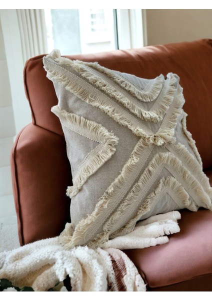 Ham Keten Çoklu Püsküllü Kare Kırlent Kırlent Kılıfı 43X43 indirimleri