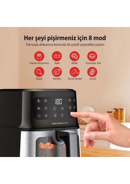 TT-AF011 5 Litre 8 Işlevli 1200W Dokunmatik Panelli Yağsız Pişirici Air Fryer Fritöz