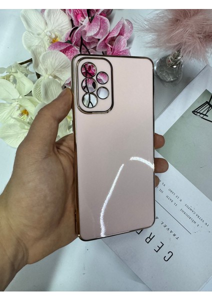 Galaxy A72 ile Uyumlu Kılıf Gold Çerçeveli Lazer Kılıf Pembe