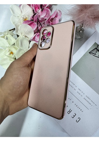 Galaxy A72 ile Uyumlu Kılıf Gold Çerçeveli Lazer Kılıf Pembe