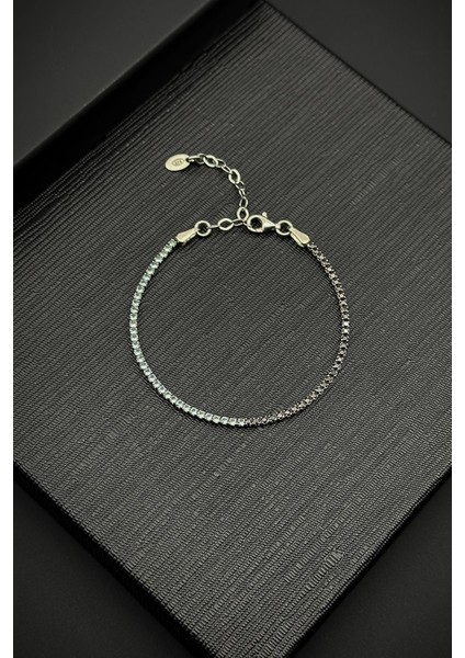925 Ayar Gümüş 2mm Zirkon Taşlı Siyah-Beyaz Renk Tennis Erkek Bileklik FRJ11979-2079-AB2