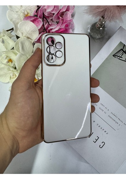 Galaxy A23 4g ile Uyumlu Kılıf Gold Çerçeveli Lazer Kılıf Beyaz